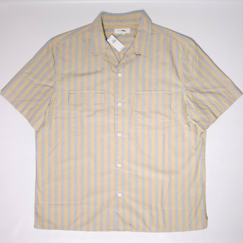 NWT $70 Banana Republic Light Beige Blue Stripe Button Up Camp Shirt Men Size L